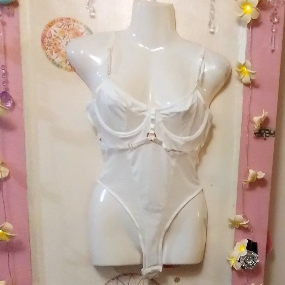 White (S) Sexy Strappy Accent Sheer inset Thong Back Teddy Lingerie Bodysuit